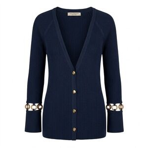 Paola Bernardi MEDIUM Navy Blue Ribbed‎ V-Neck Cardigan Ring Cutout Sleeve